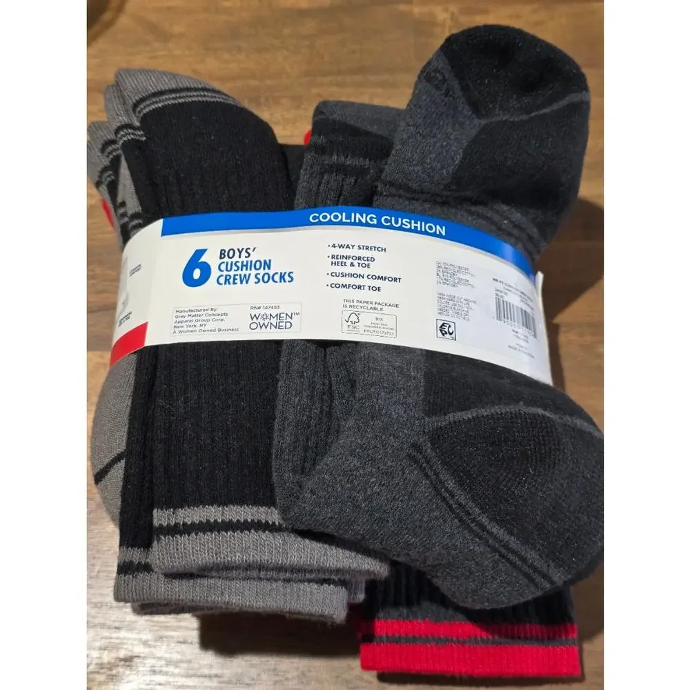 Wrangler Boys 6 Pack Crew Socks Cooling Cushion Gray Red Black Size Boys 3-9 NWT